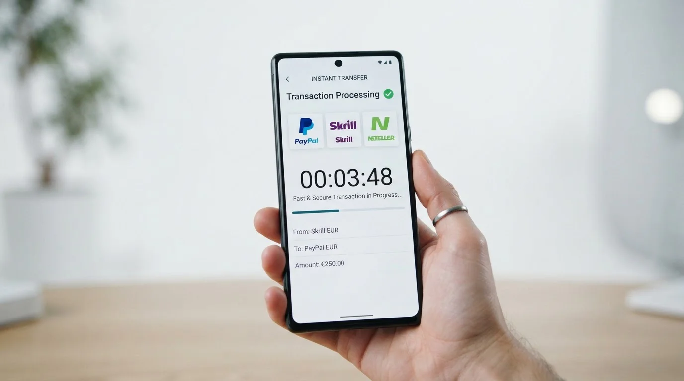 Smartphone showing PayPal, Skrill and Neteller logos with fast withdrawal timer