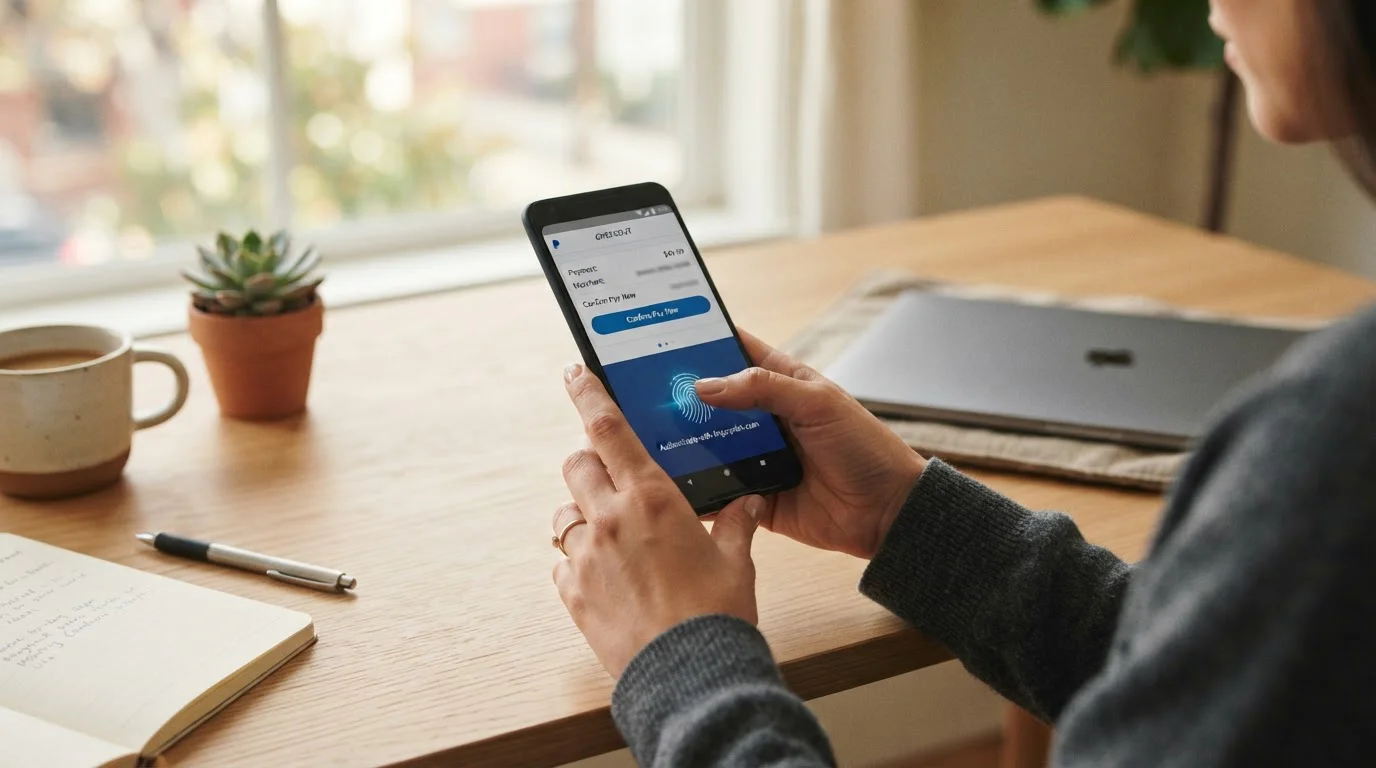 Person using a smartphone to authorise a PayPal payment with fingerprint scan