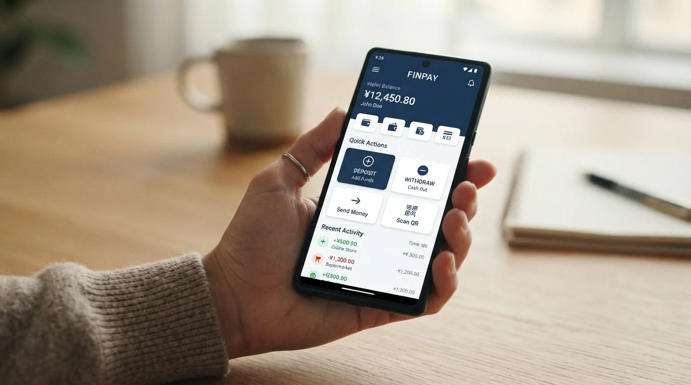 Mobile phone displaying e-wallet app dashboard with deposit and withdrawal options