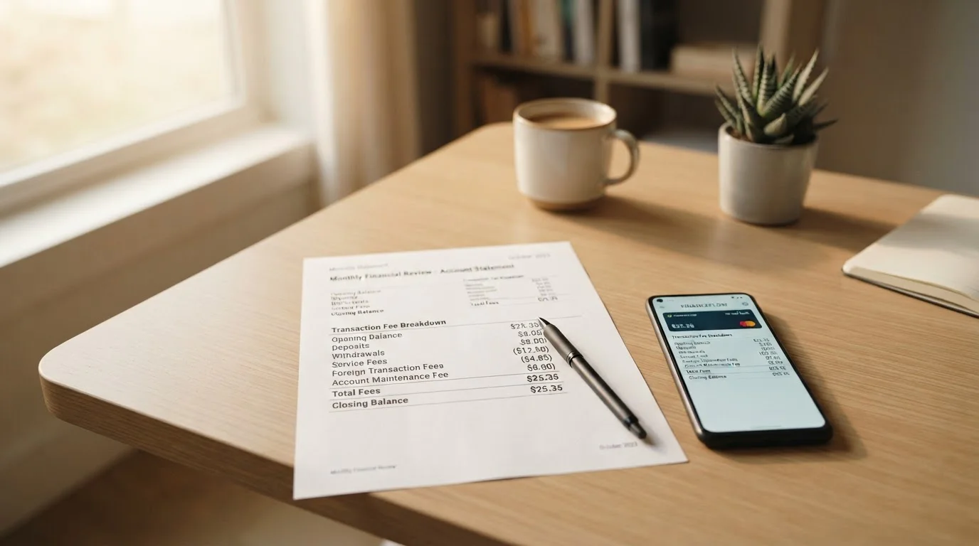 Clean desk with financial statement showing e-wallet transaction fees breakdown