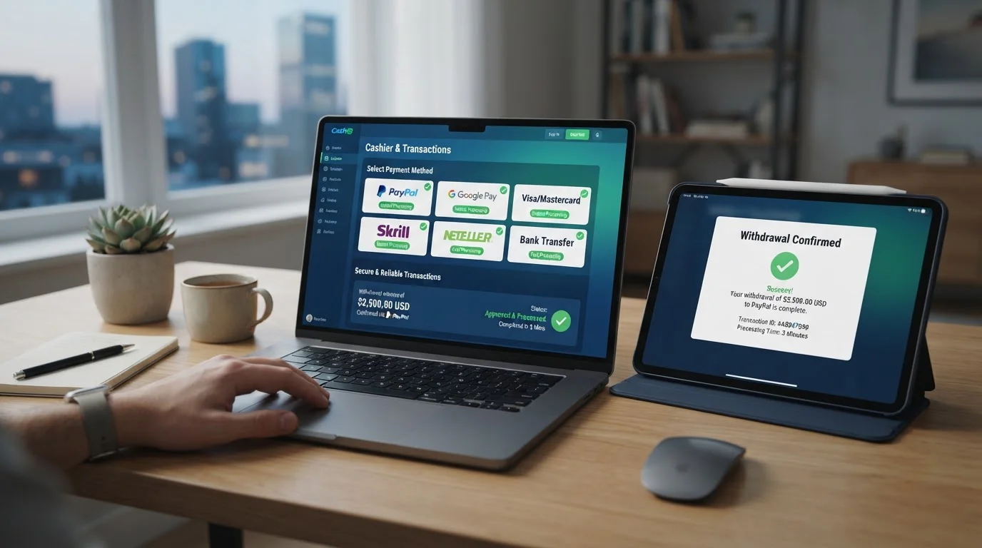 Modern casino platform interface showing multiple payment method icons including PayPal and Google Pay with fast withdrawal badge