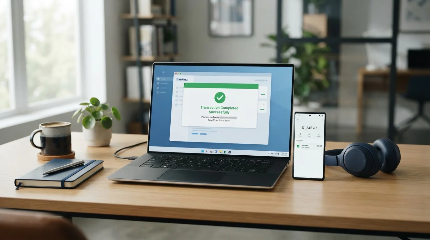 Modern laptop showing completed withdrawal transaction on clean desk with smartphone displaying e-wallet app
