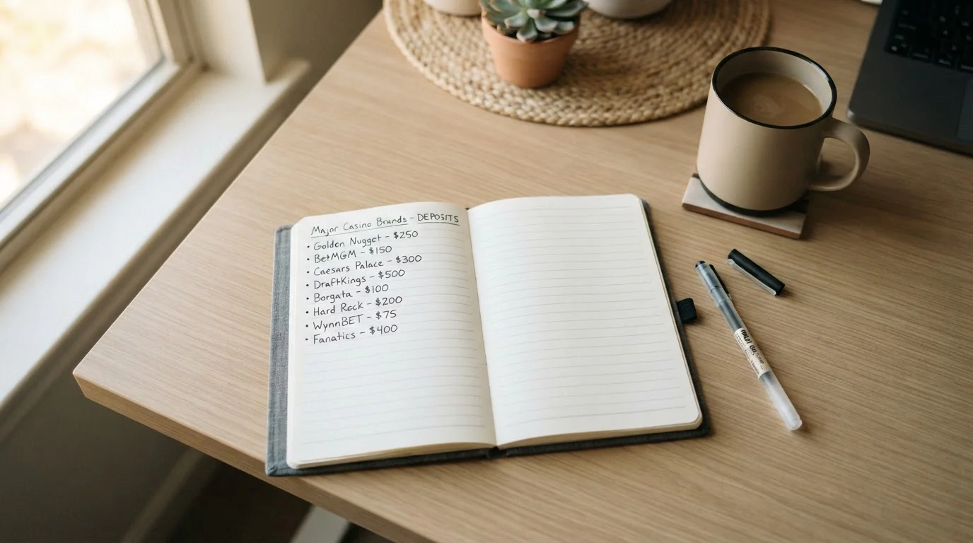 Clean desk with notepad listing major UK casino brands and their deposit thresholds