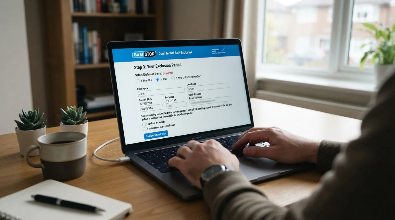 Laptop screen showing GAMSTOP self-exclusion registration form