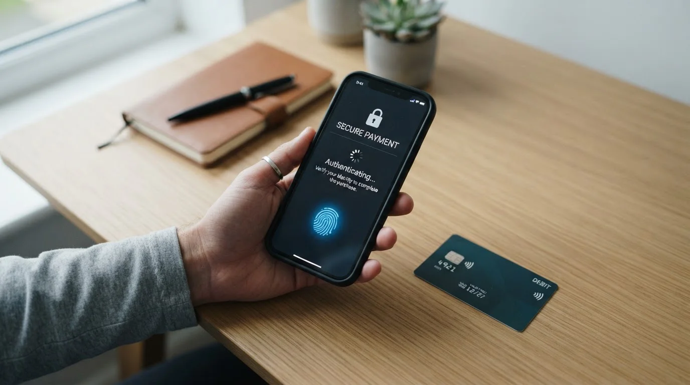 Person using smartphone with Google Pay for casino deposit on desk
