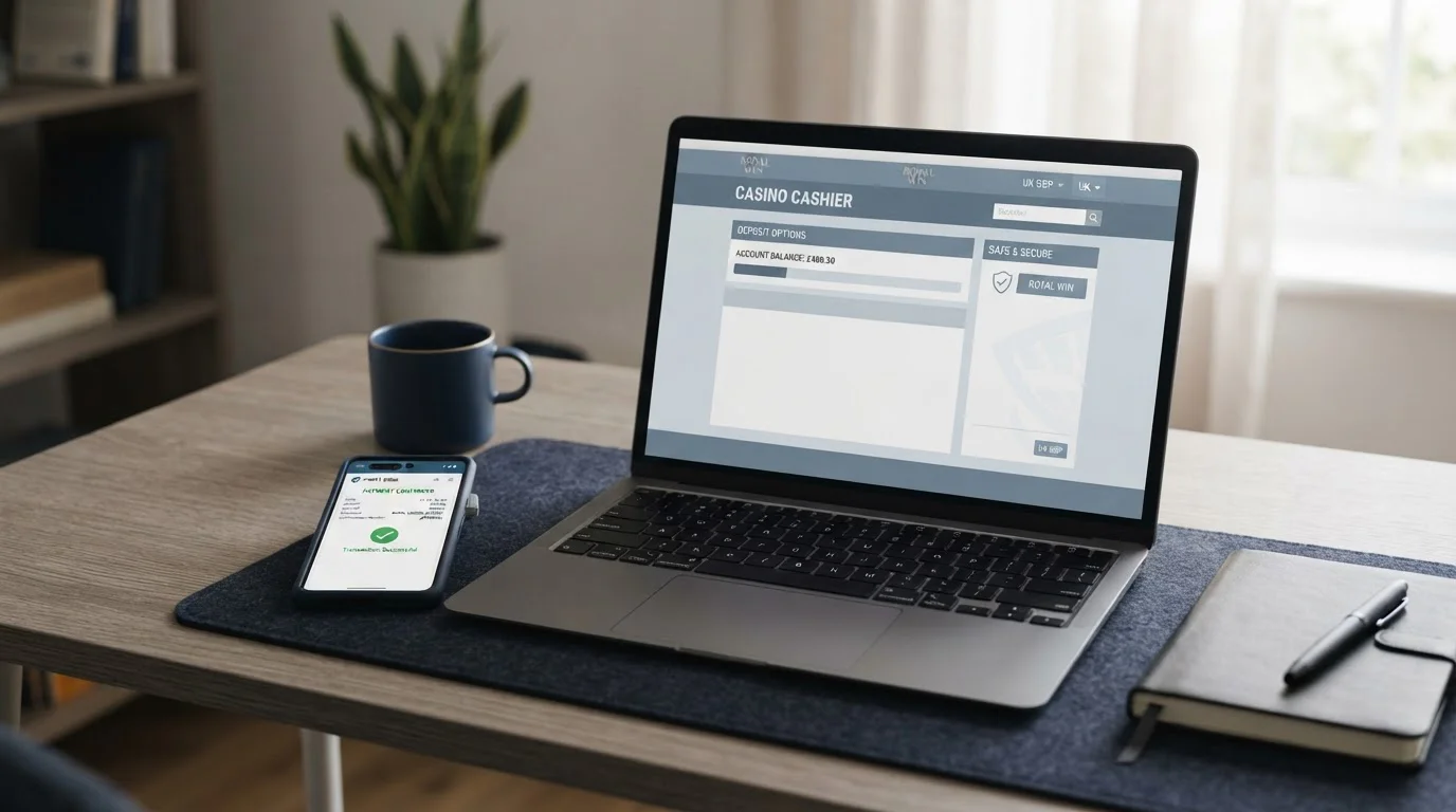 Modern smartphone displaying banking app payment confirmation beside laptop showing UK casino cashier