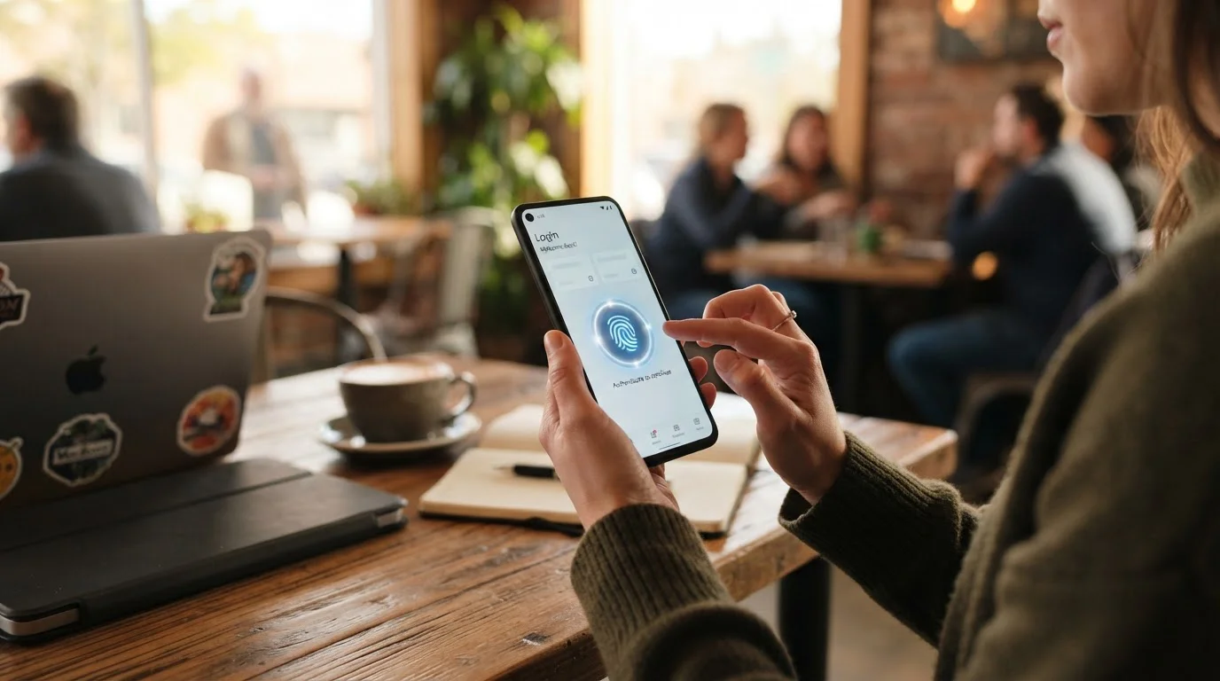 Person holding smartphone with mobile banking biometric authentication at cafe