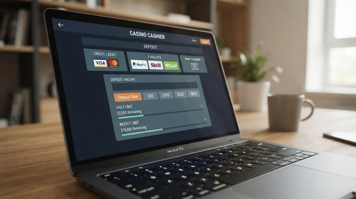 Casino cashier interface showing instant bank transfer deposit options and limits