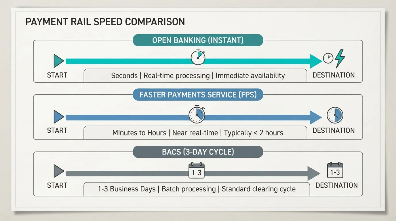 Comparison diagram showing Open Banking, Faster Payments, and BACS transfer timelines