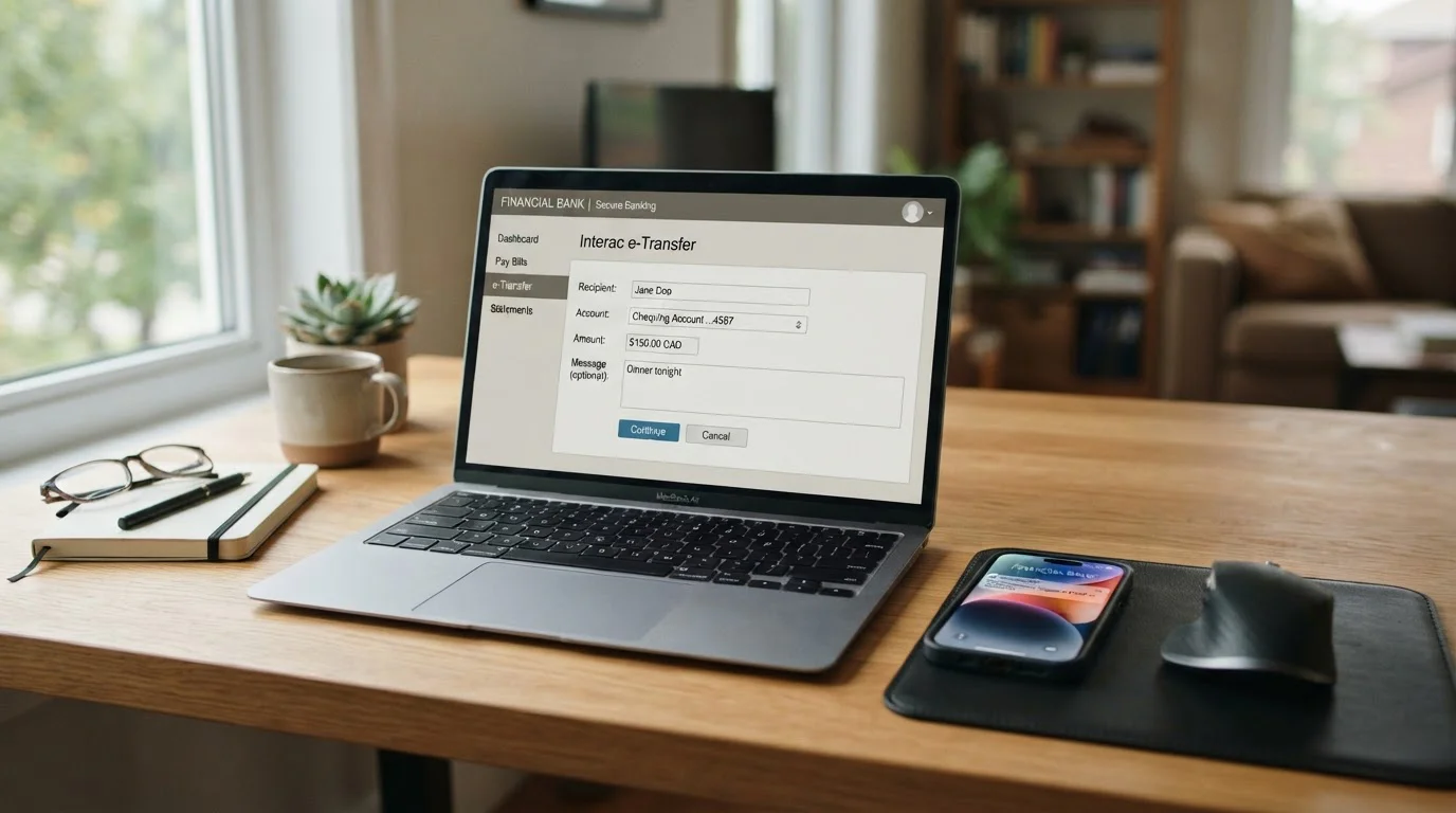 Canadian online banking interface showing Interac e-Transfer screen