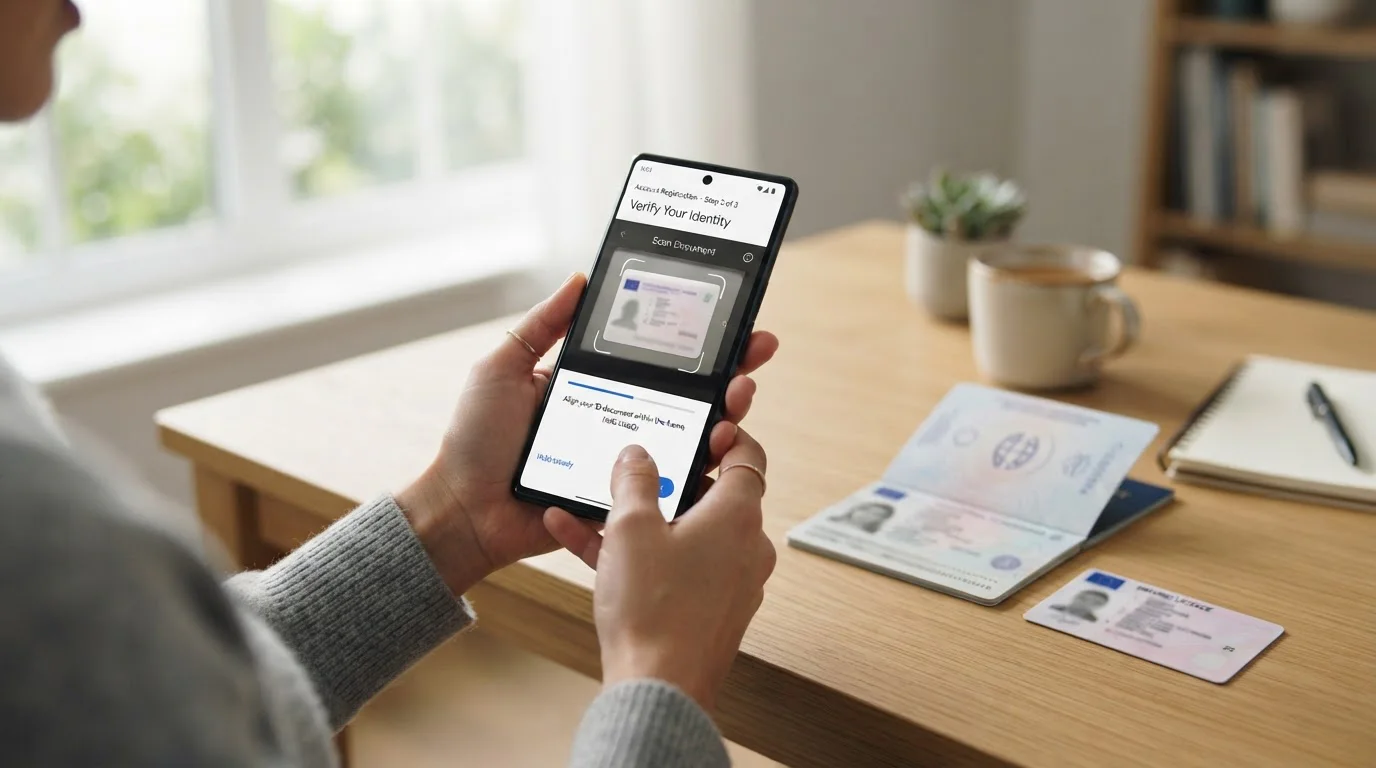 Person creating a Jeton account on a smartphone with ID verification documents nearby