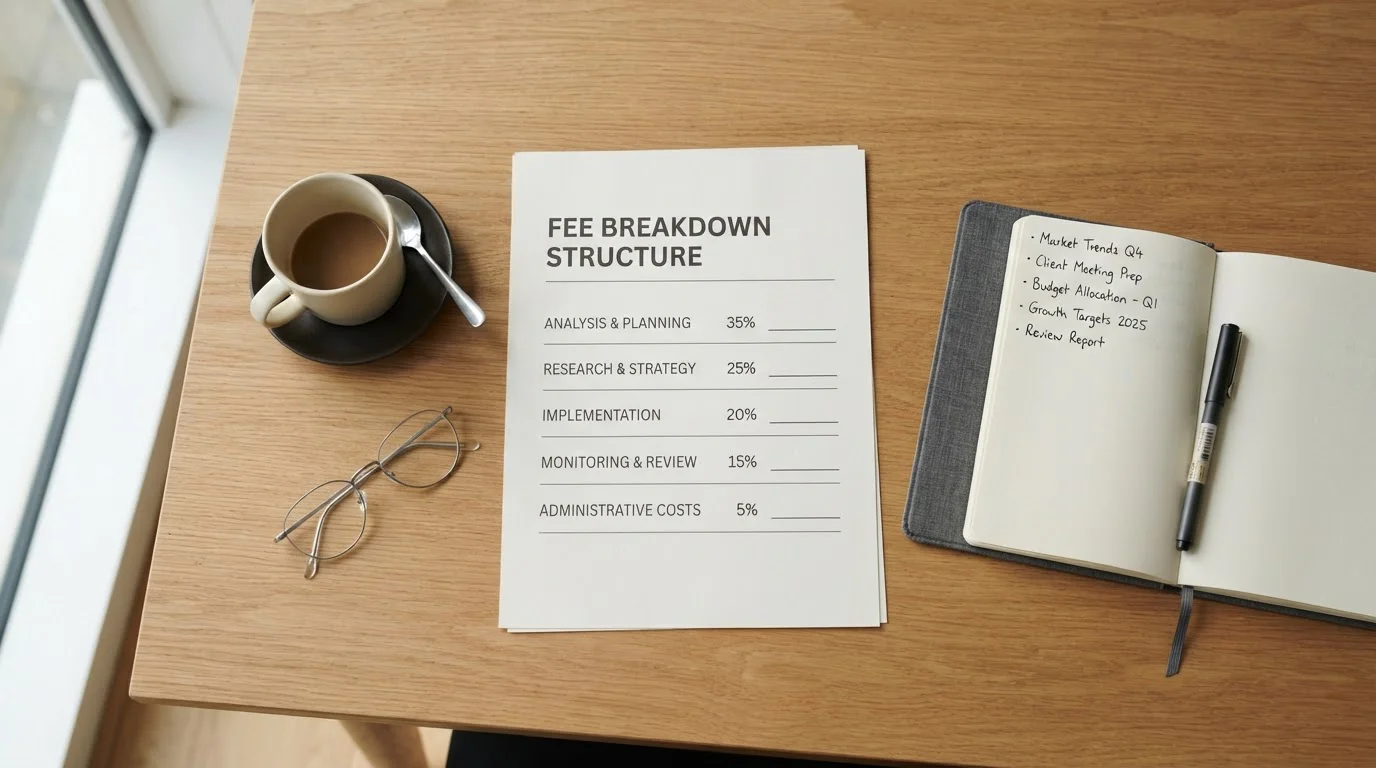 Document showing fee breakdown with calculator and bank transfer details on a desk
