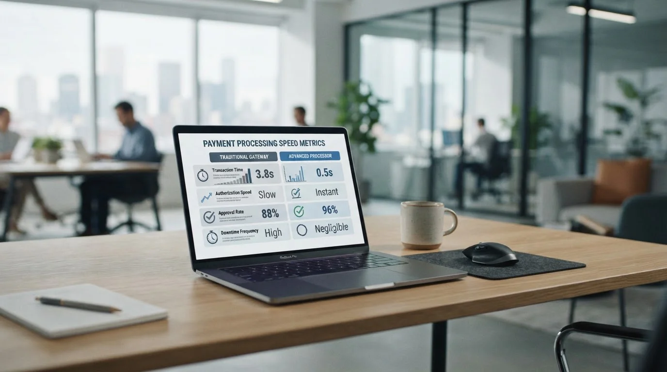 Side-by-side comparison of e-wallet apps on a laptop screen with payment speed charts
