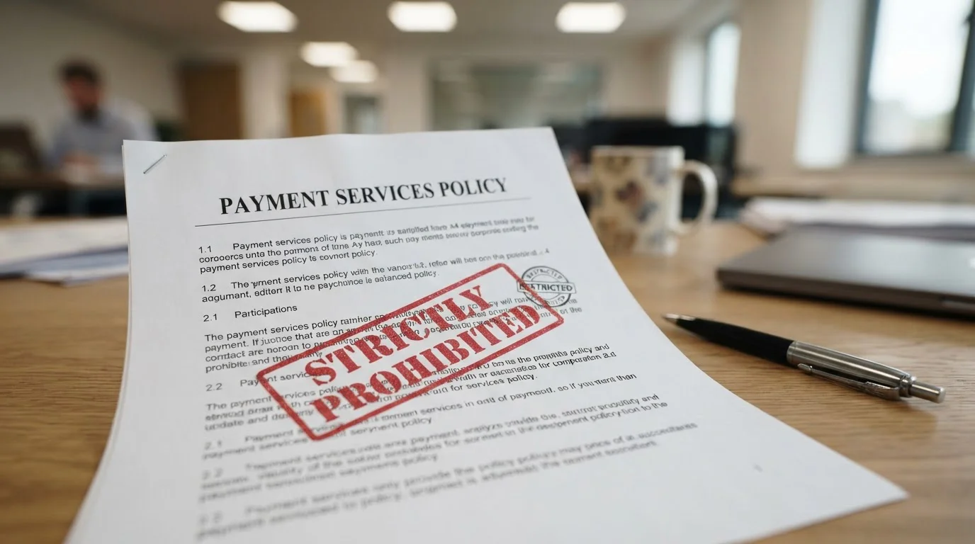 Corporate policy document showing Klarna gambling payment prohibition