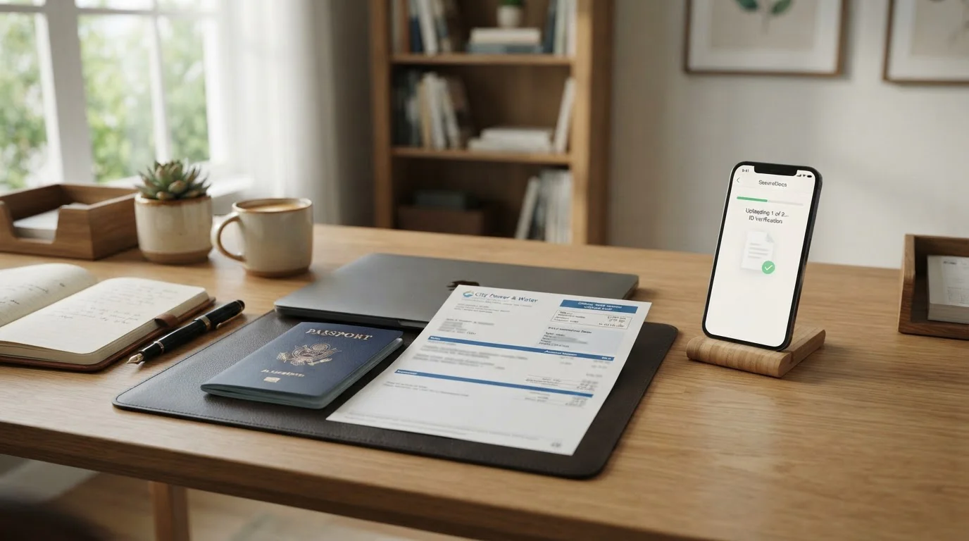 Official documents including passport and utility bill arranged neatly with smartphone showing document upload interface