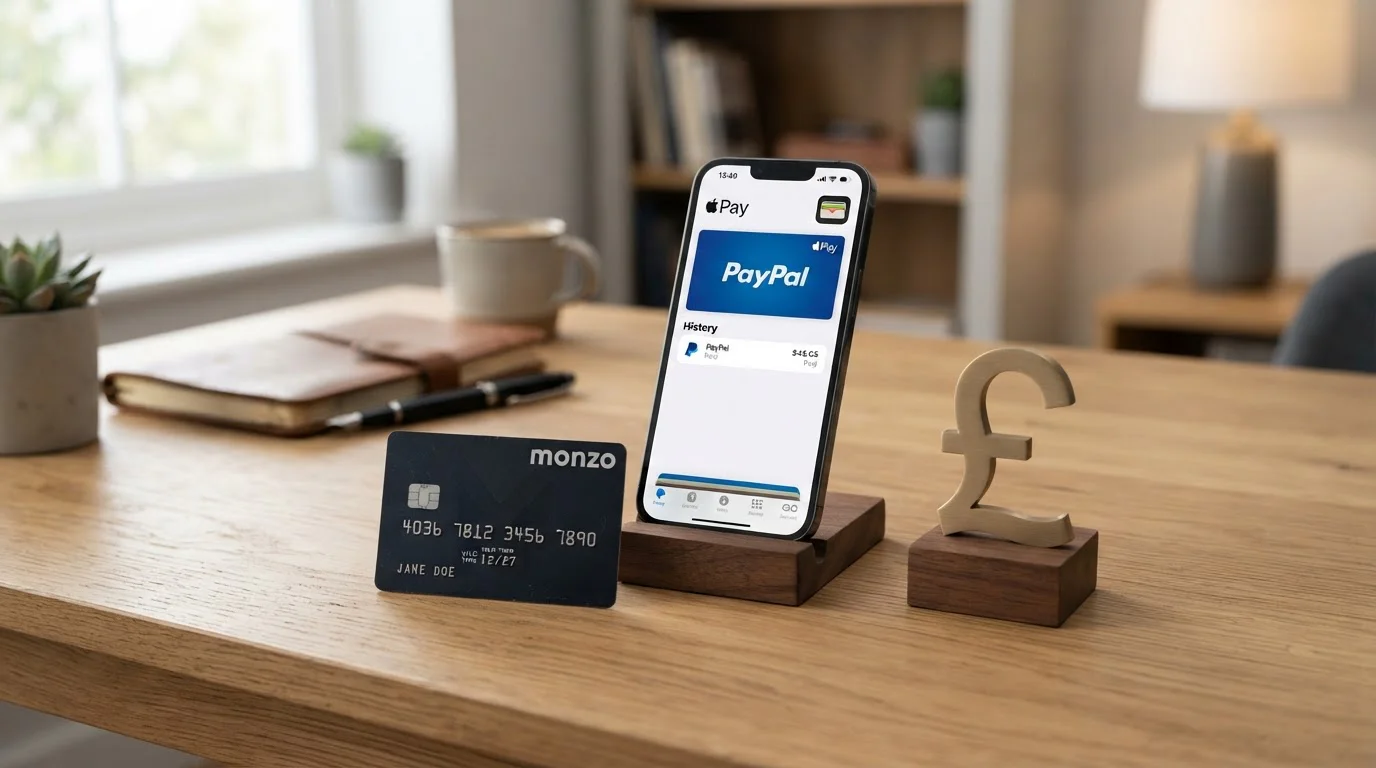 Debit card, PayPal logo, Apple Pay symbol arranged with UK pound notes showing payment method options