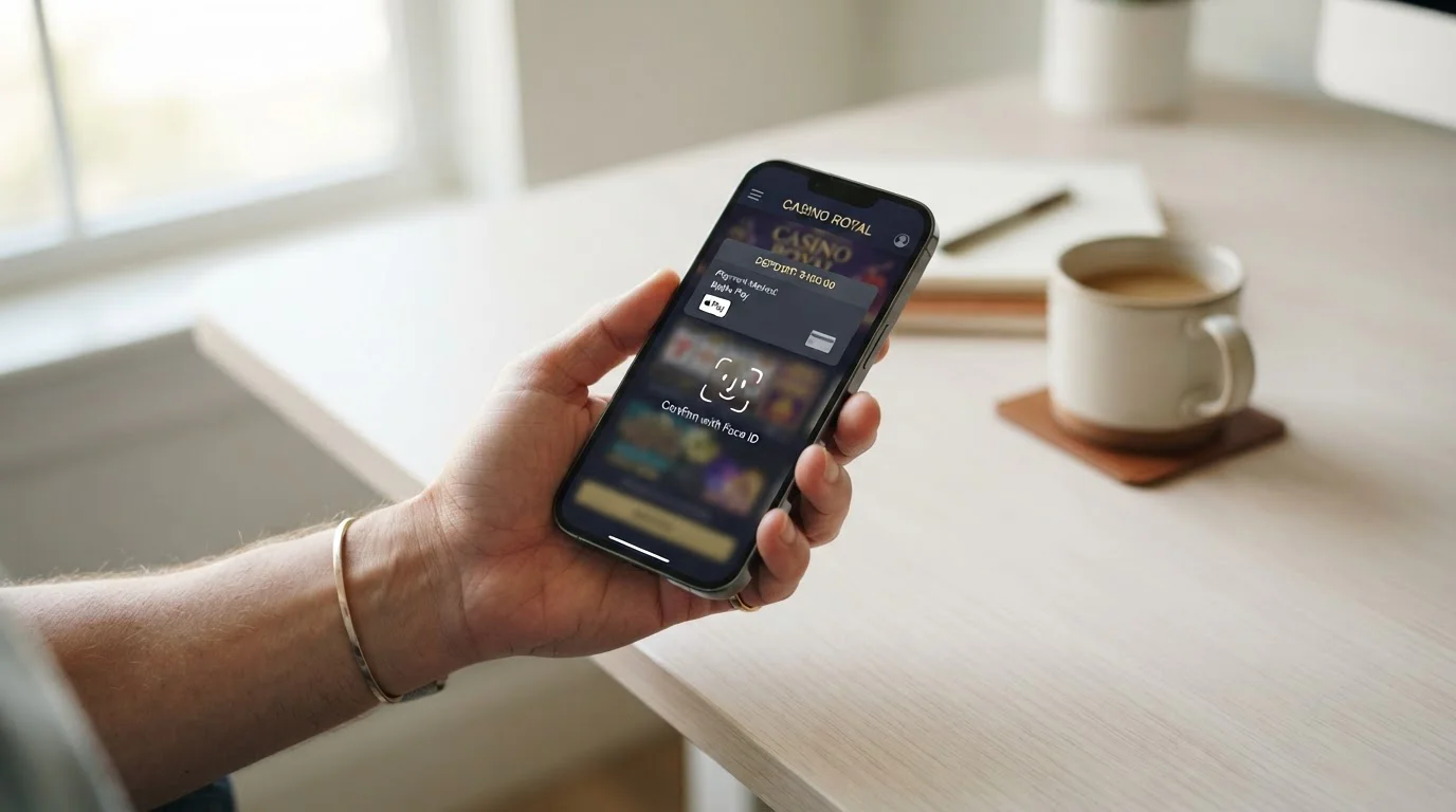 iPhone showing a mobile casino app with Apple Pay Face ID authentication