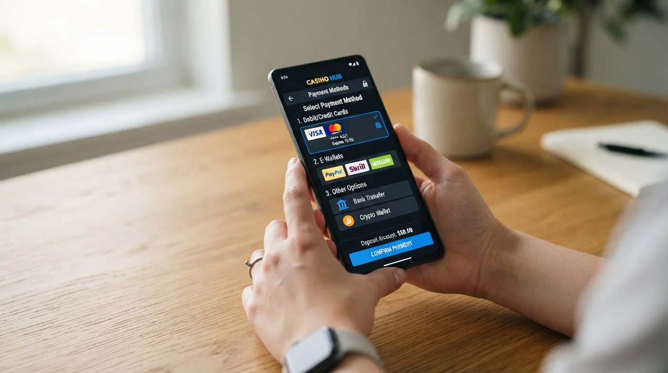 Mobile phone displaying casino app with payment method icons
