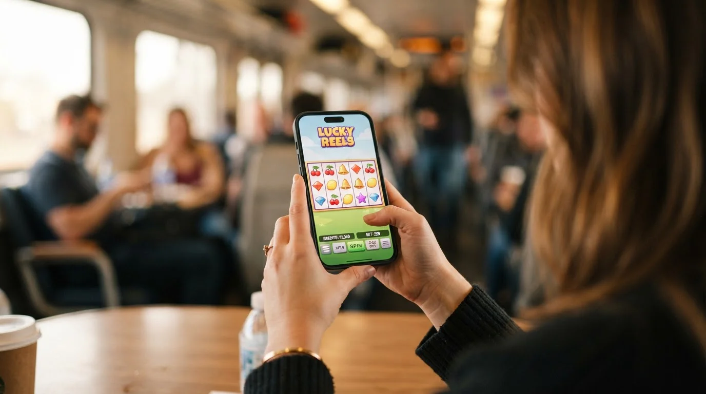 Person playing mobile casino slots on smartphone during commute