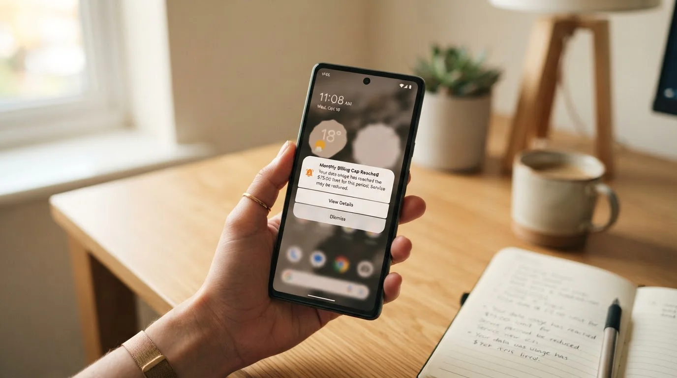 Smartphone screen showing monthly premium billing cap notification