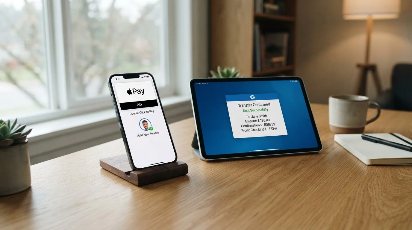 iPhone with Apple Pay authentication and bank transfer confirmation screen