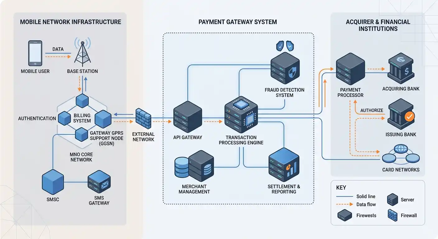 Clean server infrastructure diagram showing payment routing between mobile networks and casino platforms