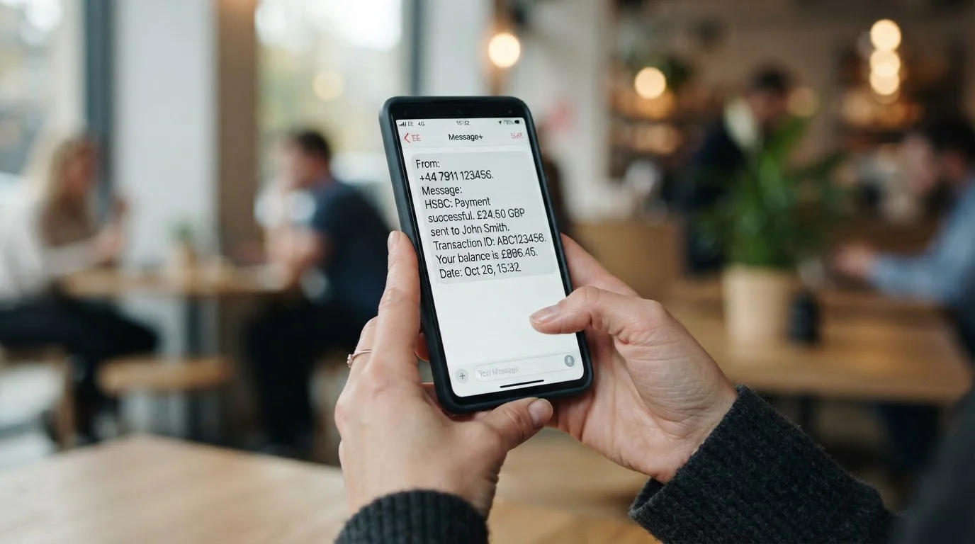 Hands holding UK smartphone receiving SMS confirmation for mobile payment