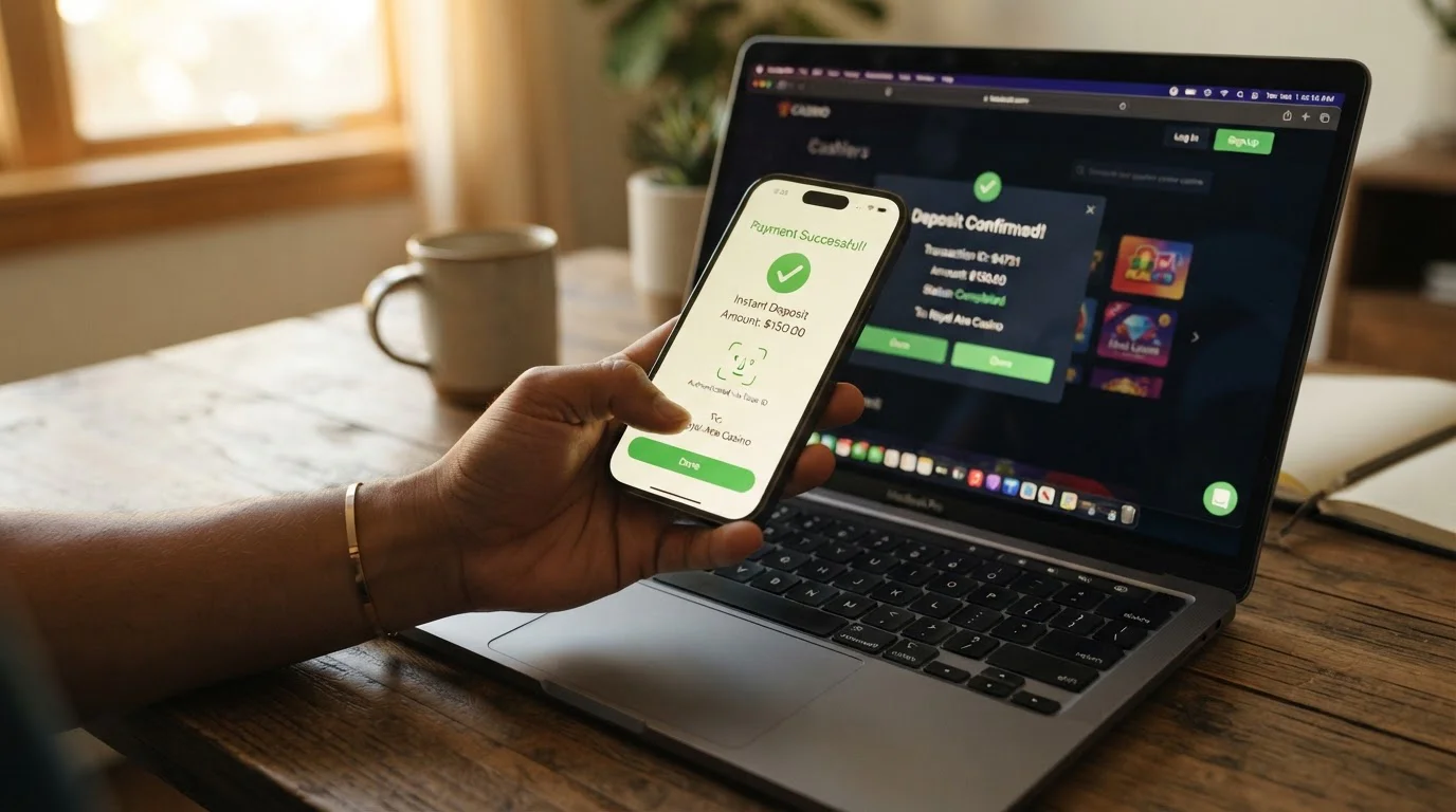 Smartphone showing Apple Pay contactless payment confirmation at online casino cashier interface