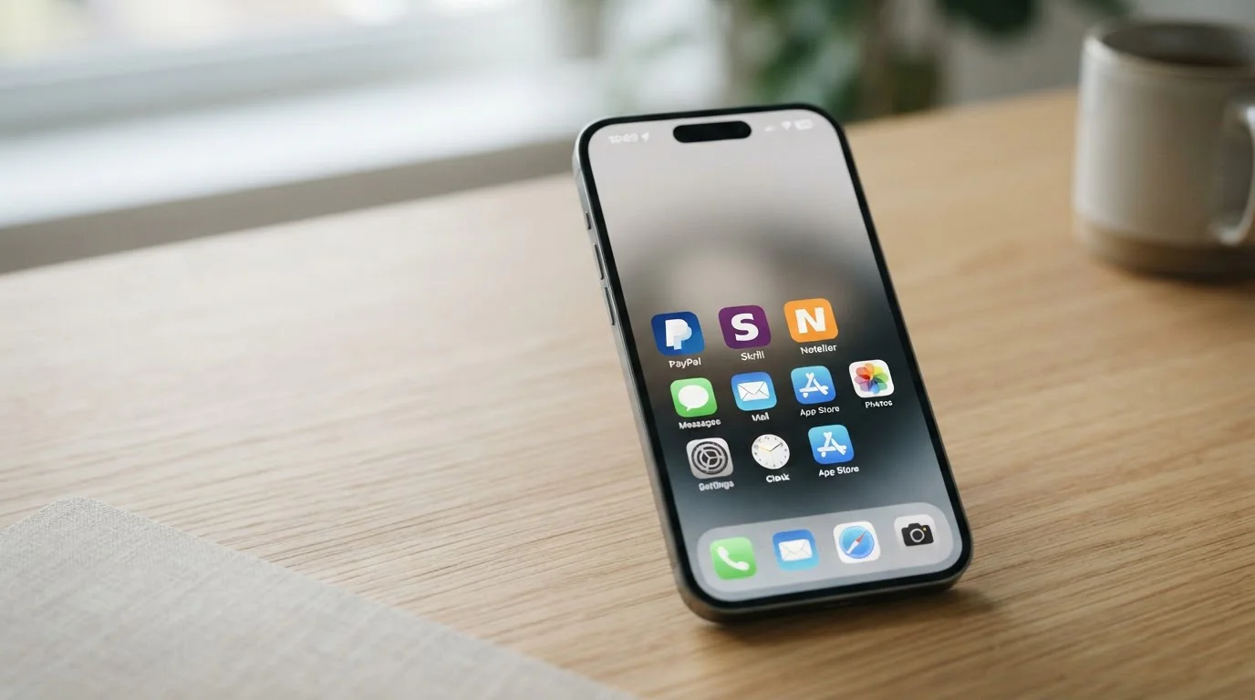 Smartphone showing PayPal, Skrill and Neteller app icons on a clean home screen