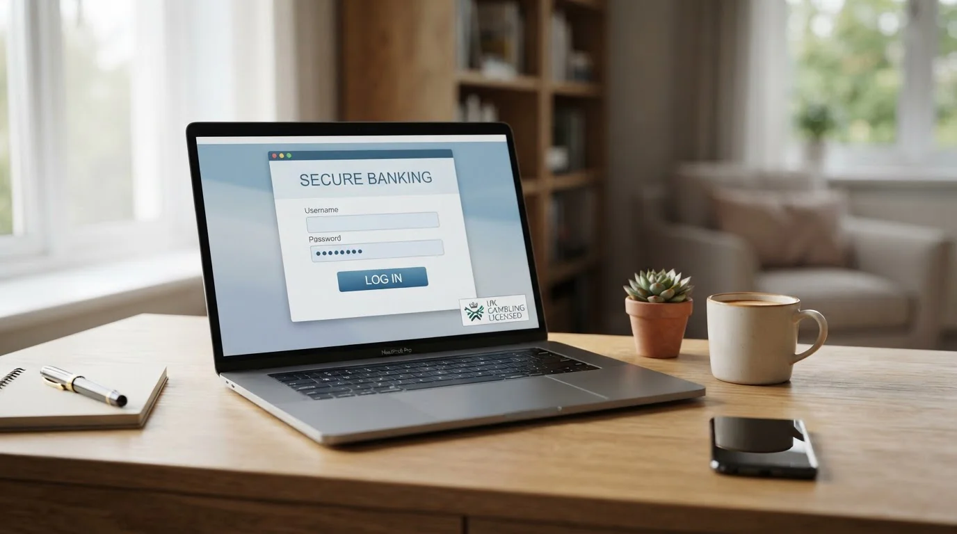 Modern laptop showing secure banking login interface with UK Gambling Commission verification badge