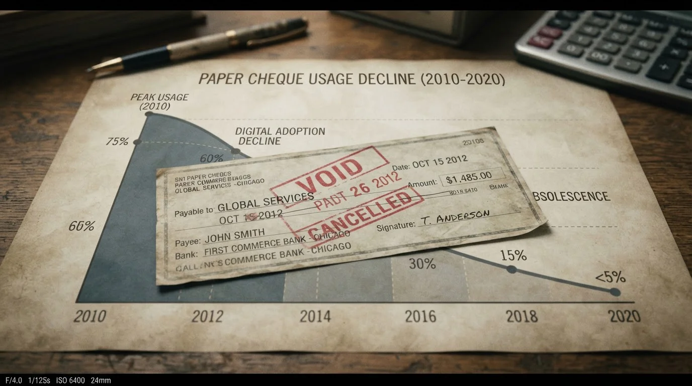 Vintage paper cheque with cancelled stamp overlaid on timeline showing 2010s decline