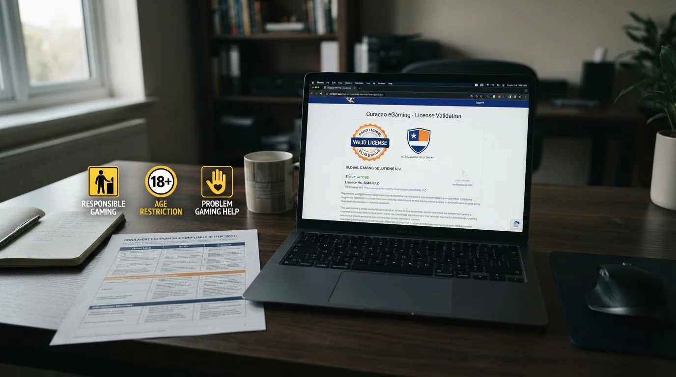 Curaçao gaming licence seal on laptop screen with warning symbols highlighting regulatory differences