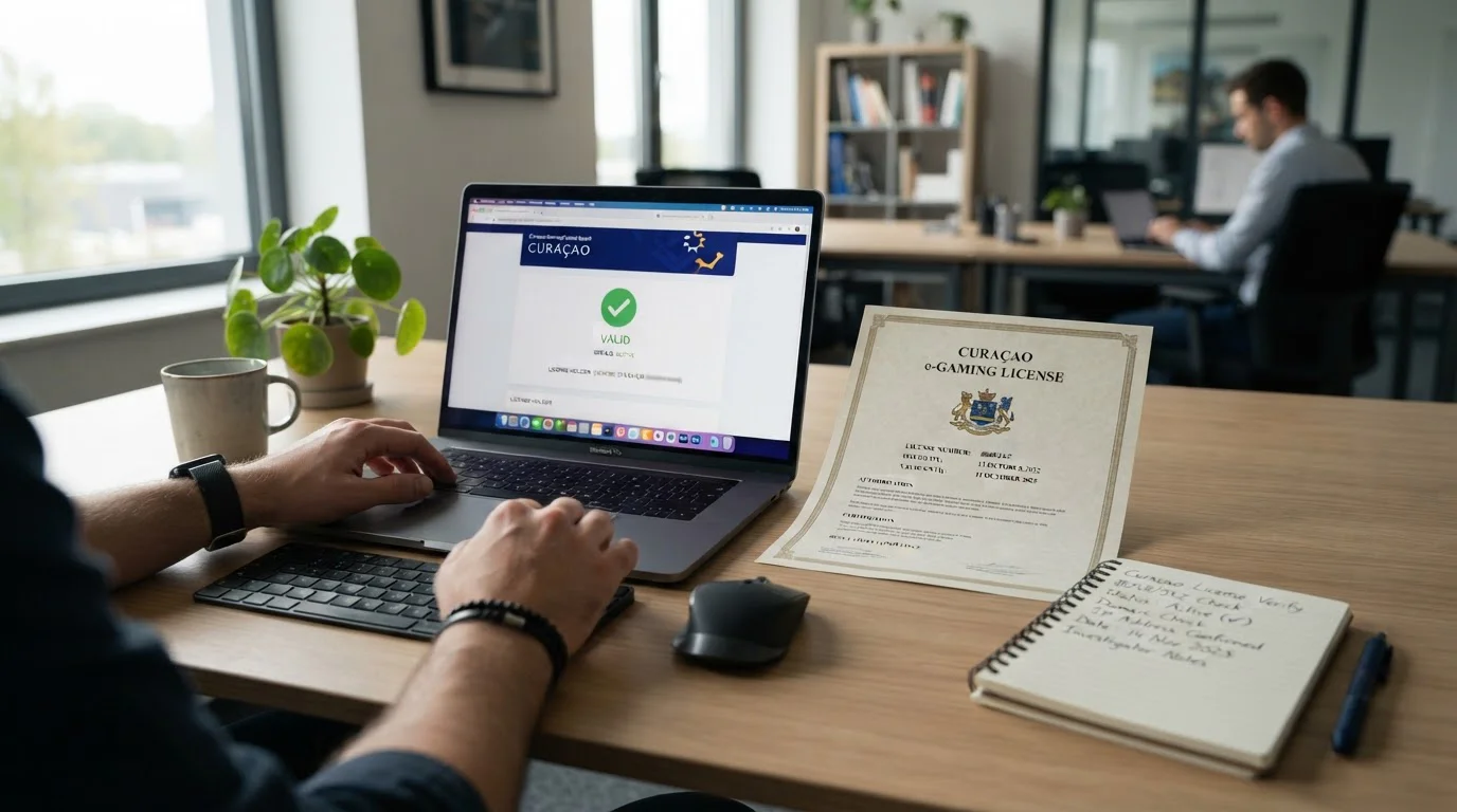 Clean desk with offshore casino licence document and laptop displaying Curaçao validator page