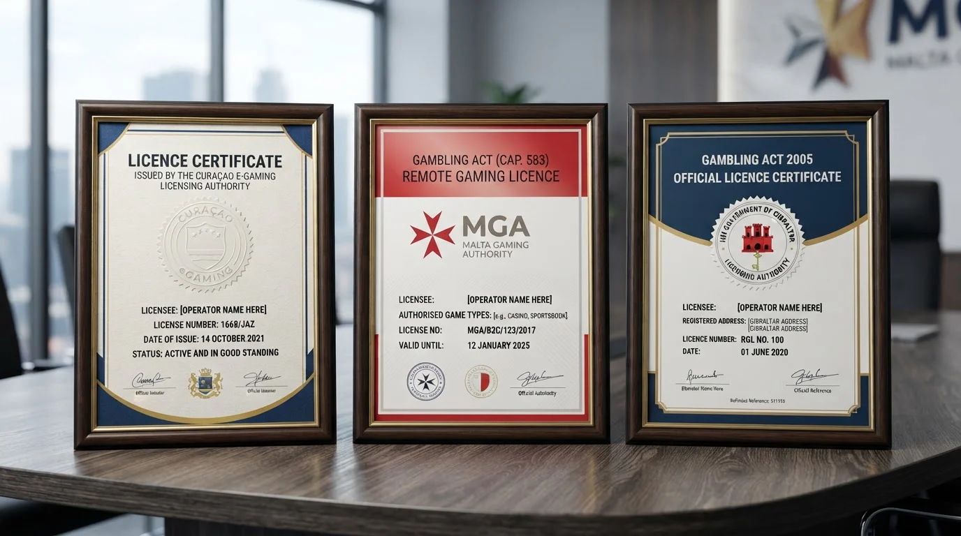 Offshore gambling licence certificates from Curaçao, Malta and Gibraltar displayed on professional background