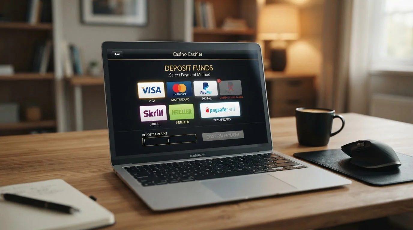 Offshore casino cashier page showing geo-restricted payment methods