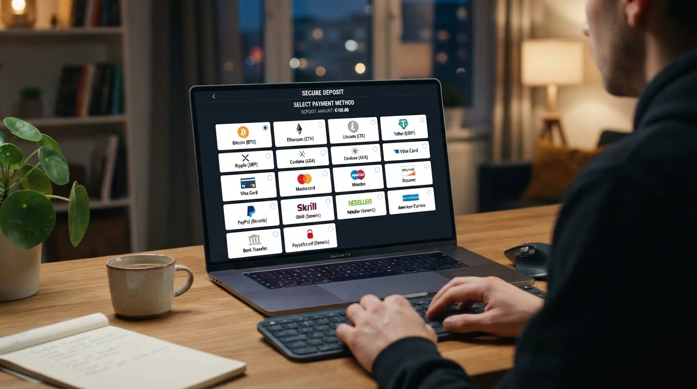 Offshore casino licensing badges with cryptocurrency and credit card payment icons
