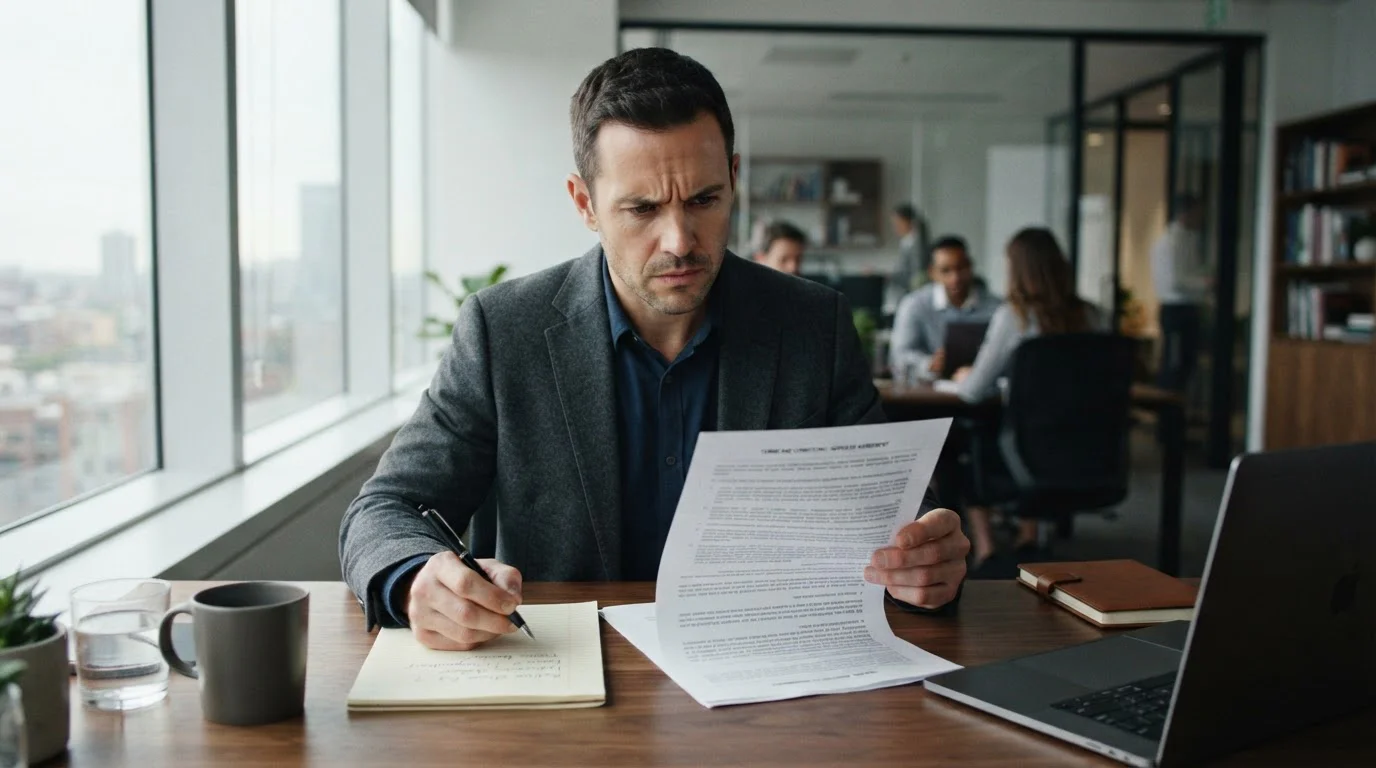 Person at desk reviewing printed terms and conditions document with concerned expression