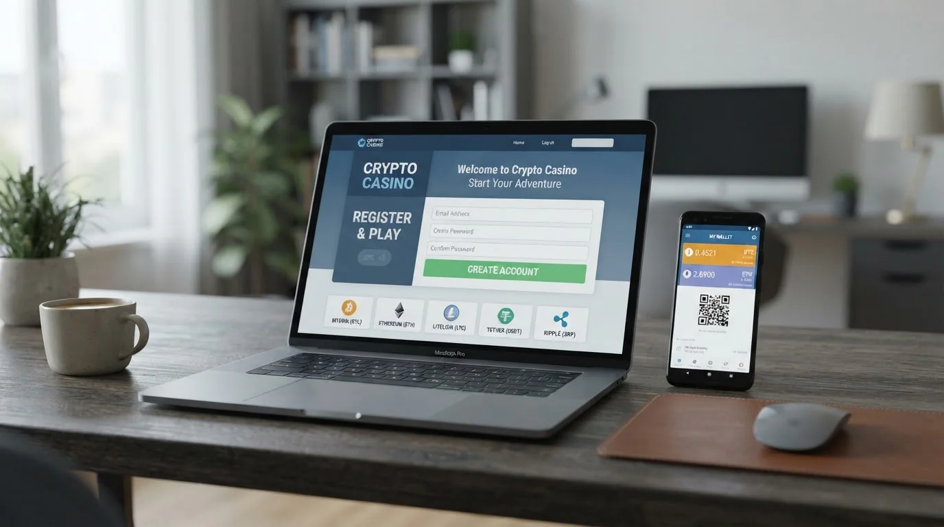 Laptop showing Curaçao offshore casino interface with crypto wallet and email signup form