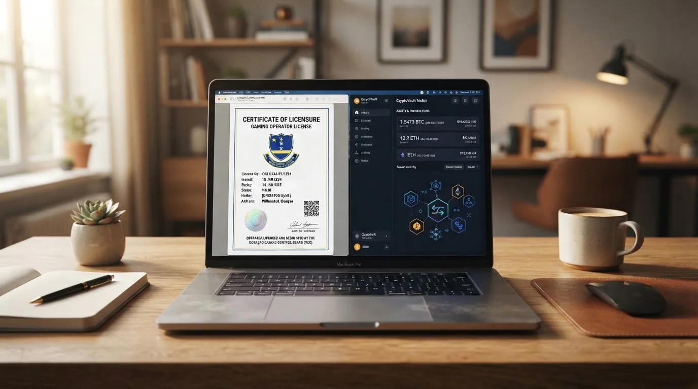 Laptop showing Curaçao gaming licence badge and cryptocurrency wallet interface