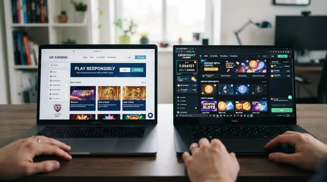 Split-screen comparison showing UKGC-regulated casino interface versus offshore crypto casino interface