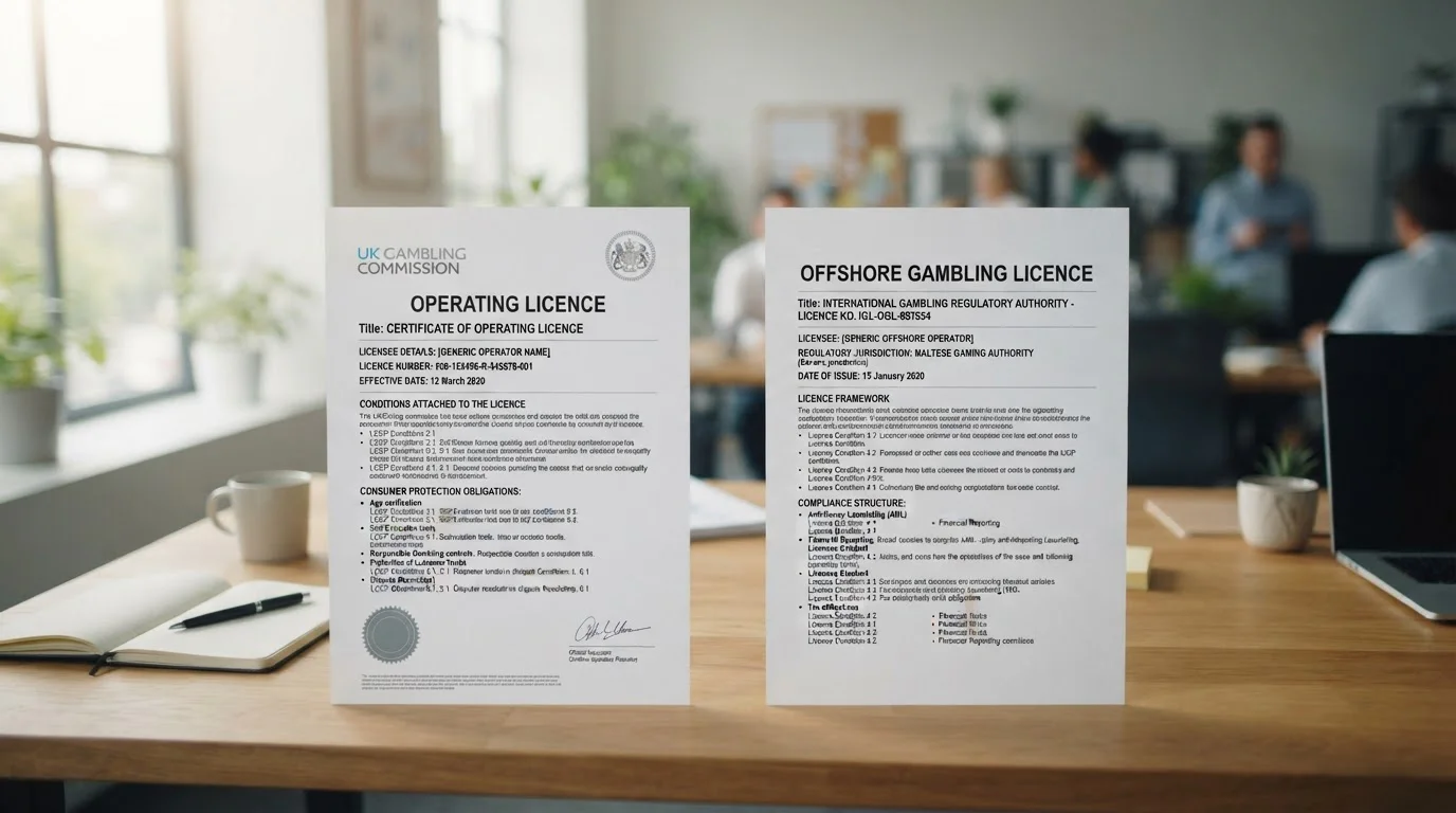 Split comparison showing UKGC licence document and Curaçao offshore licence documentation