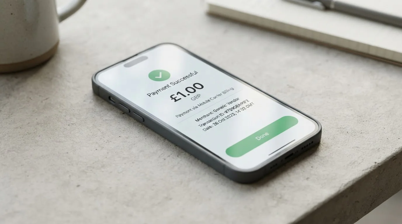 Smartphone showing £1 mobile payment confirmation with UK carrier billing interface
