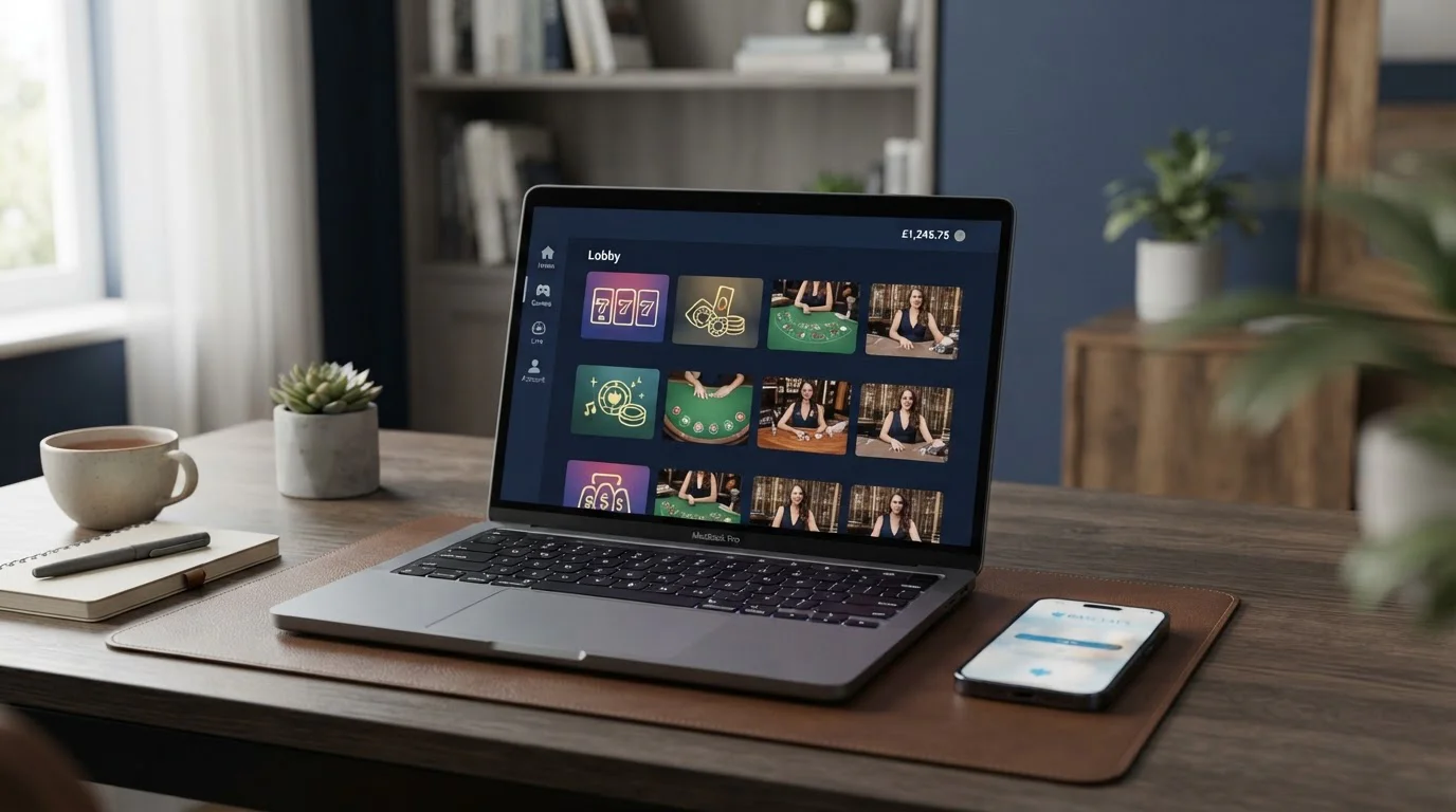 UK player at laptop reviewing instant-play casino options without document upload