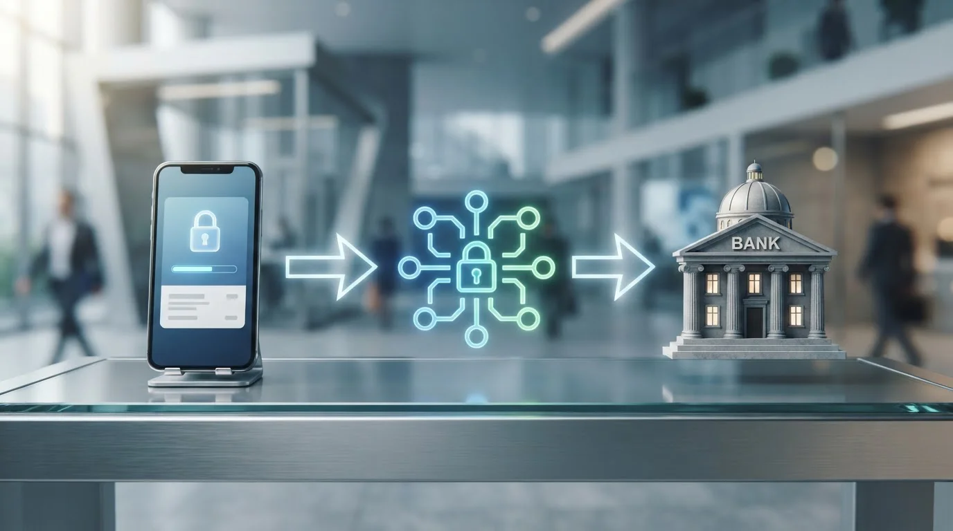 Open Banking payment flow diagram showing smartphone, API connection, and bank building