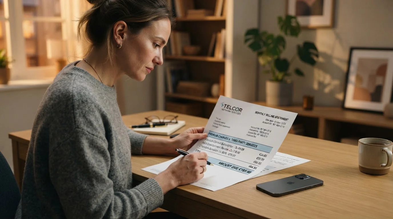 Person at desk reviewing phone bill statement showing premium billing charges