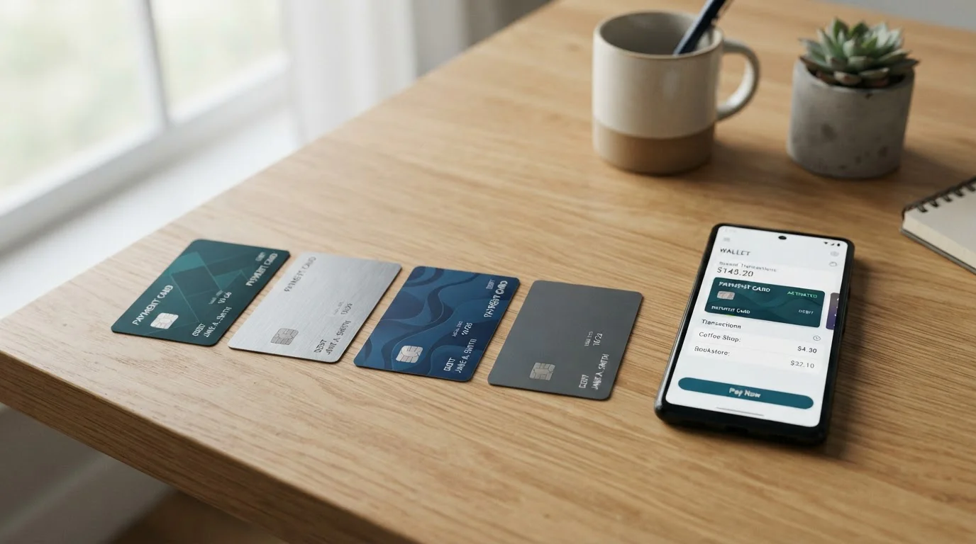 Payment cards and smartphone with generic payment app arranged on desk