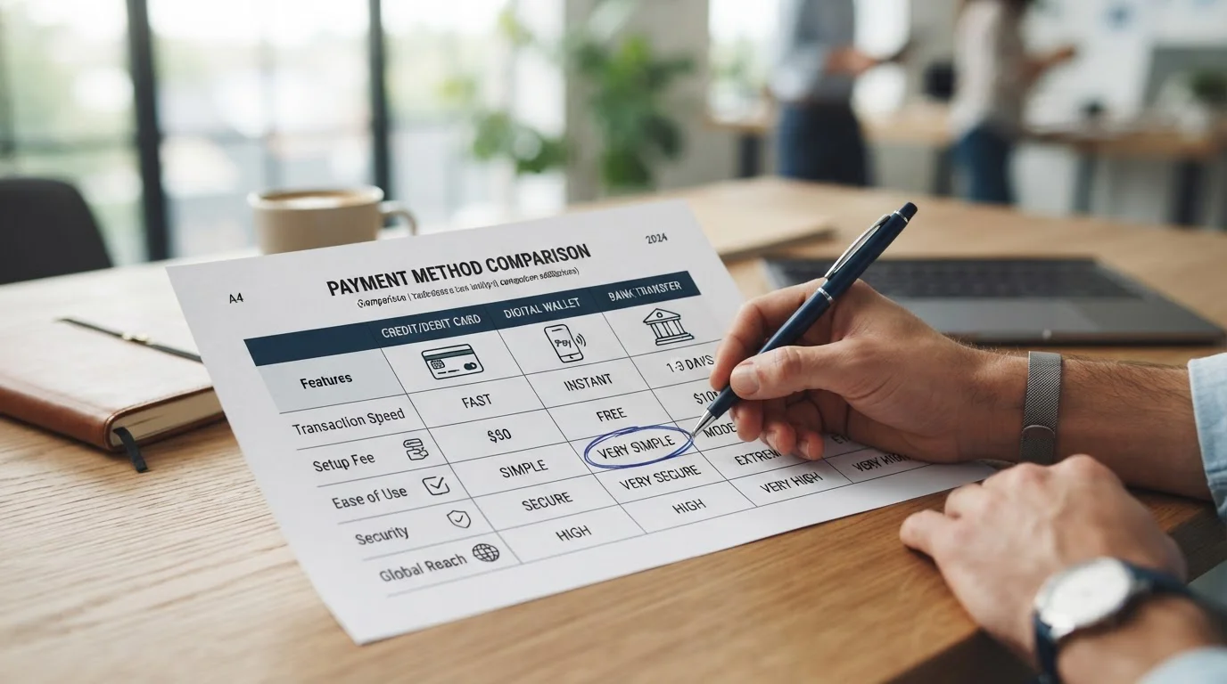 Clean comparison table with payment method icons, pen marking one row on paper