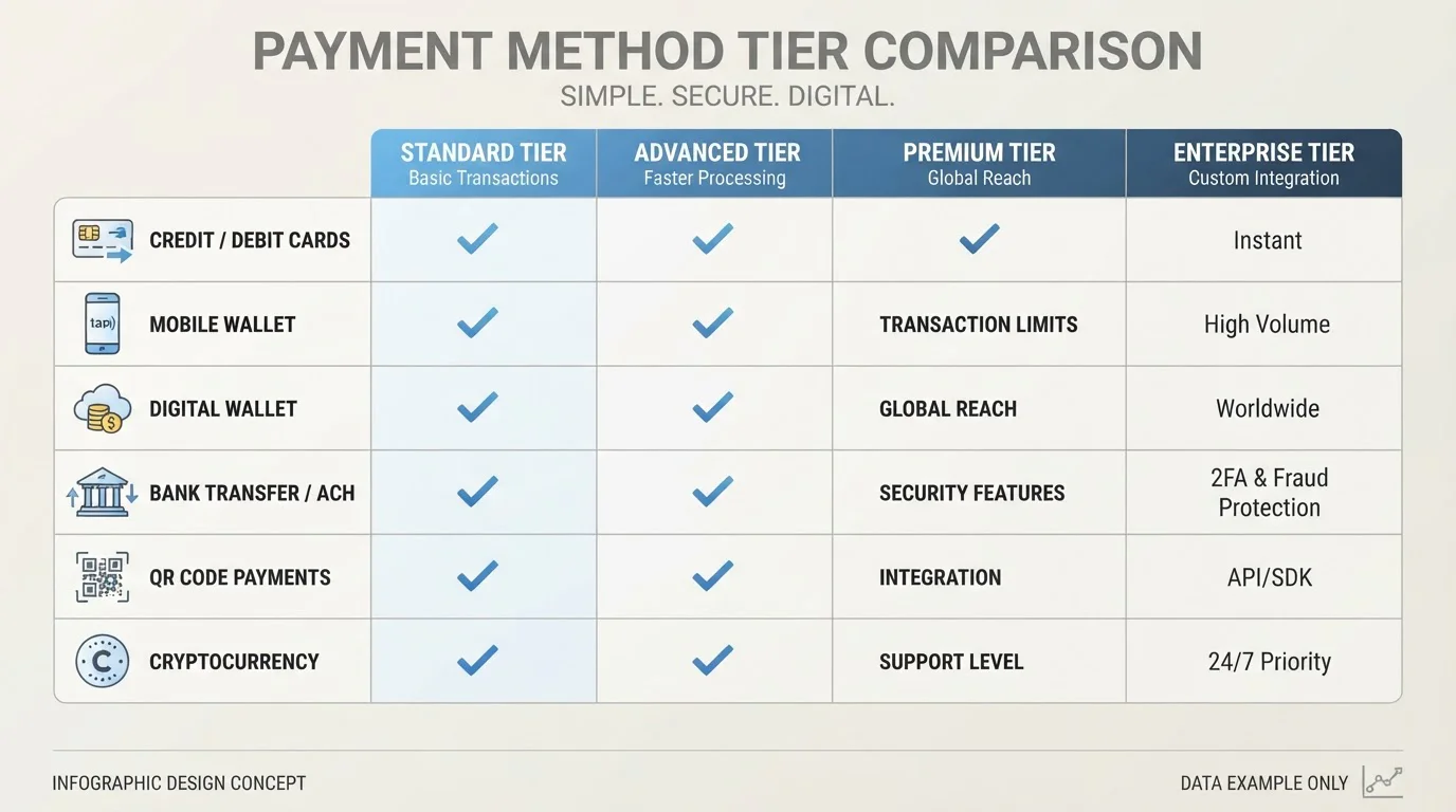 Simple chart comparing payment methods with checkmarks showing tier availability