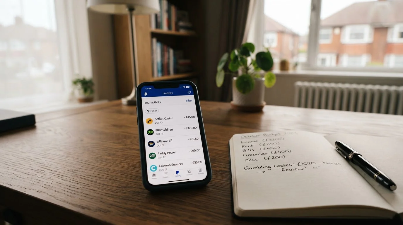 Smartphone showing PayPal transaction history next to handwritten budget notes