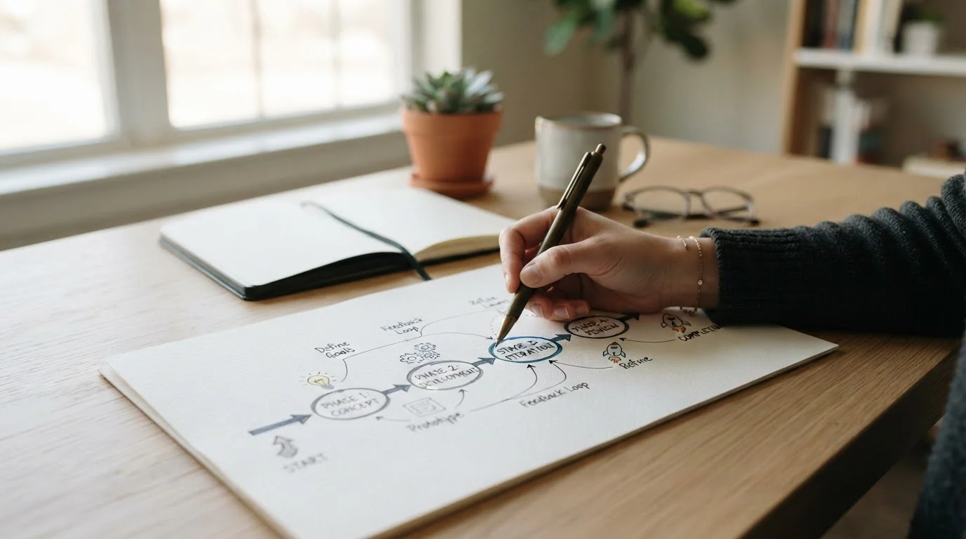 Simple timeline diagram on paper with pen pointing to process stages